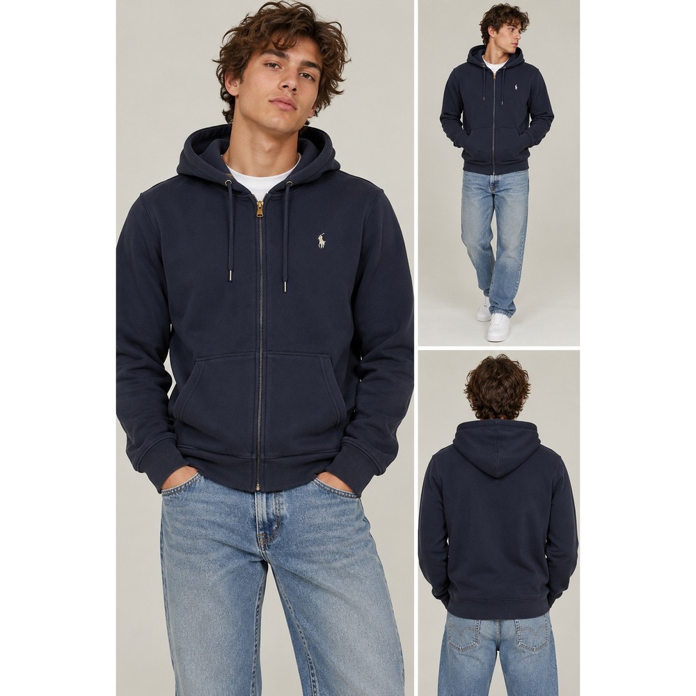 Polo Ralph Lauren Full Zip Hoodie Size L Navy Blue Double Knit Pony Logo